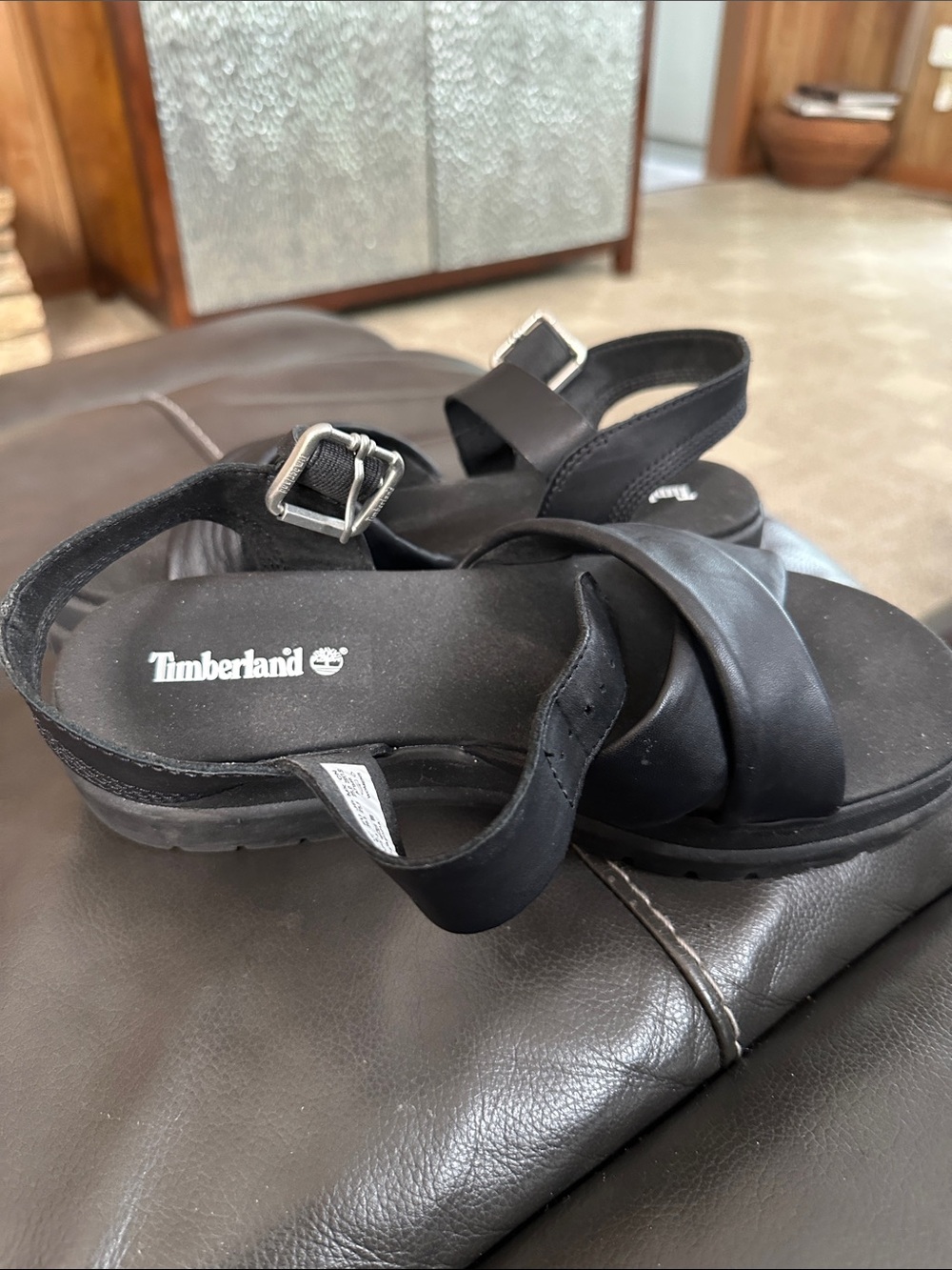 Timberland Black Leather Cross-Strap Slingback Sandals
